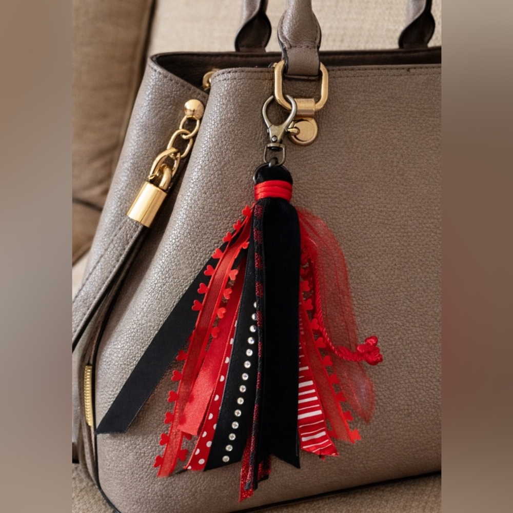 Red and Black Ribbon Bag Tassel charm, boho Hippie charm, Clip on Bag, backpack